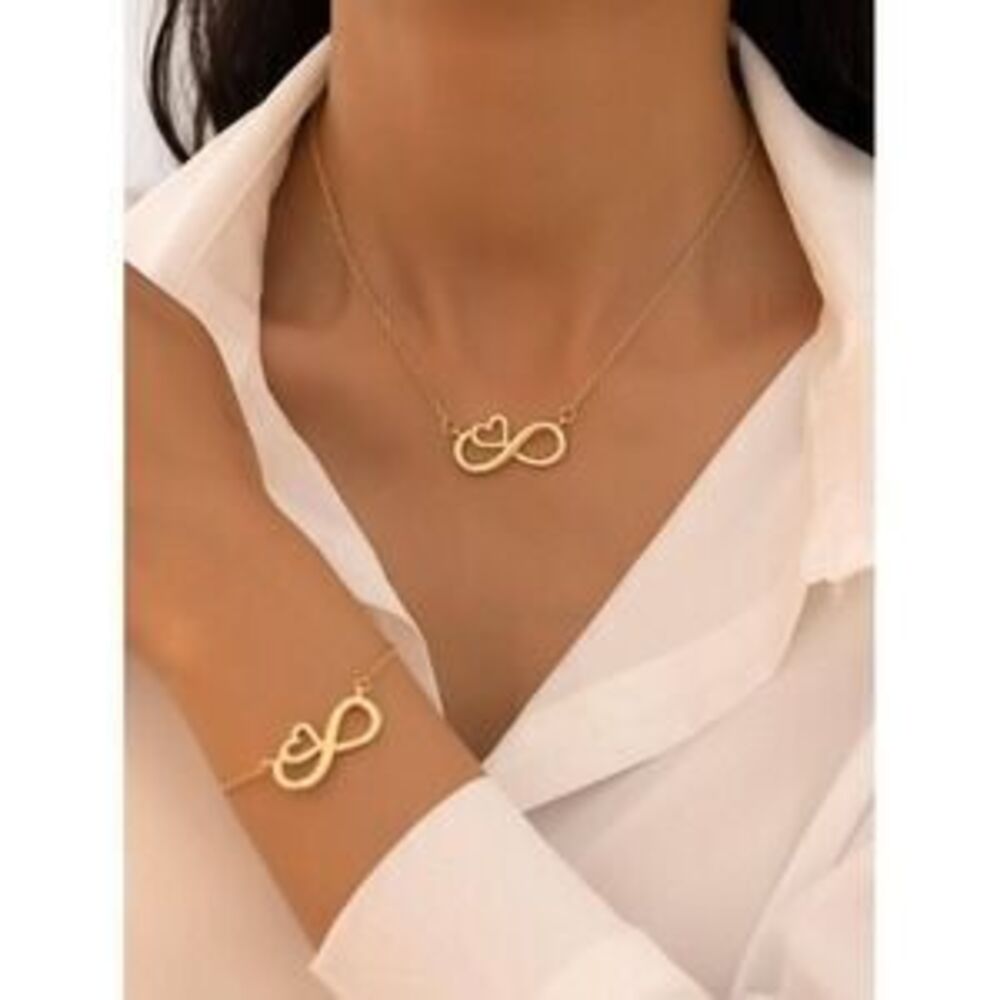 1pc Metallic Heart Geometric Figure Eight Pendant Necklace and Bracelet Set Gift